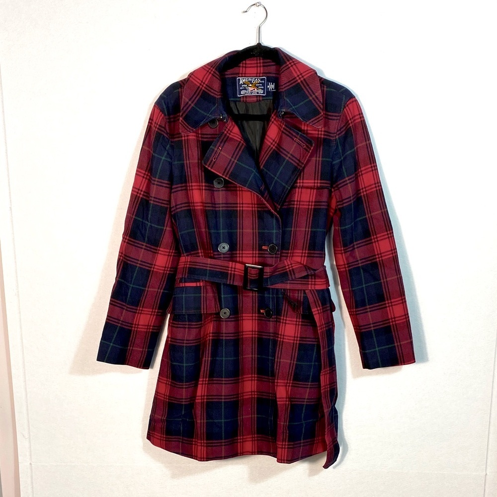 American Living Red and Blue Plaid Trench Coat size medium